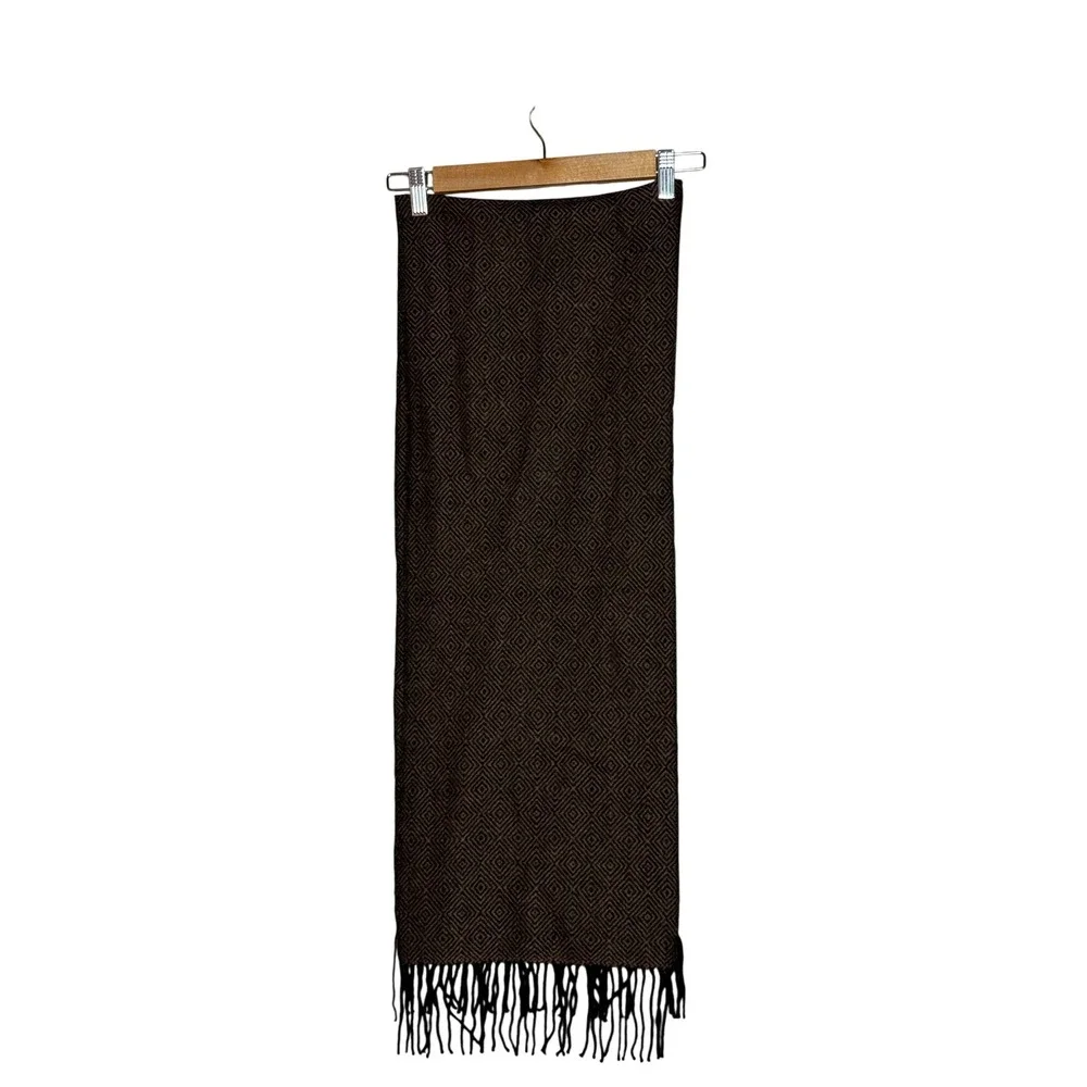 Brown Black Geometric Lambswool Scarf 60 x 11.5 Fringe Diamond Pattern